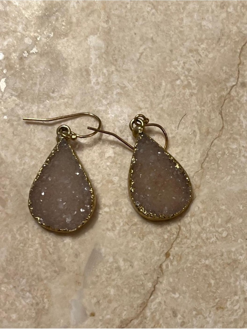 Gold-Trim Teardrop Druzy Earrings in Light Champagne